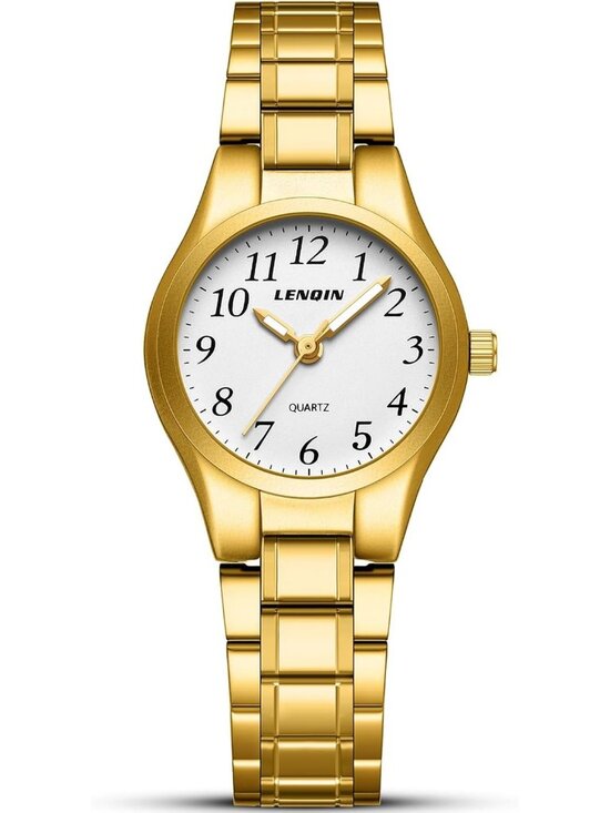 Ln Lenqin Women\'s Gold White Stainless Steel Band Waterproof Quartz Wrist Watch